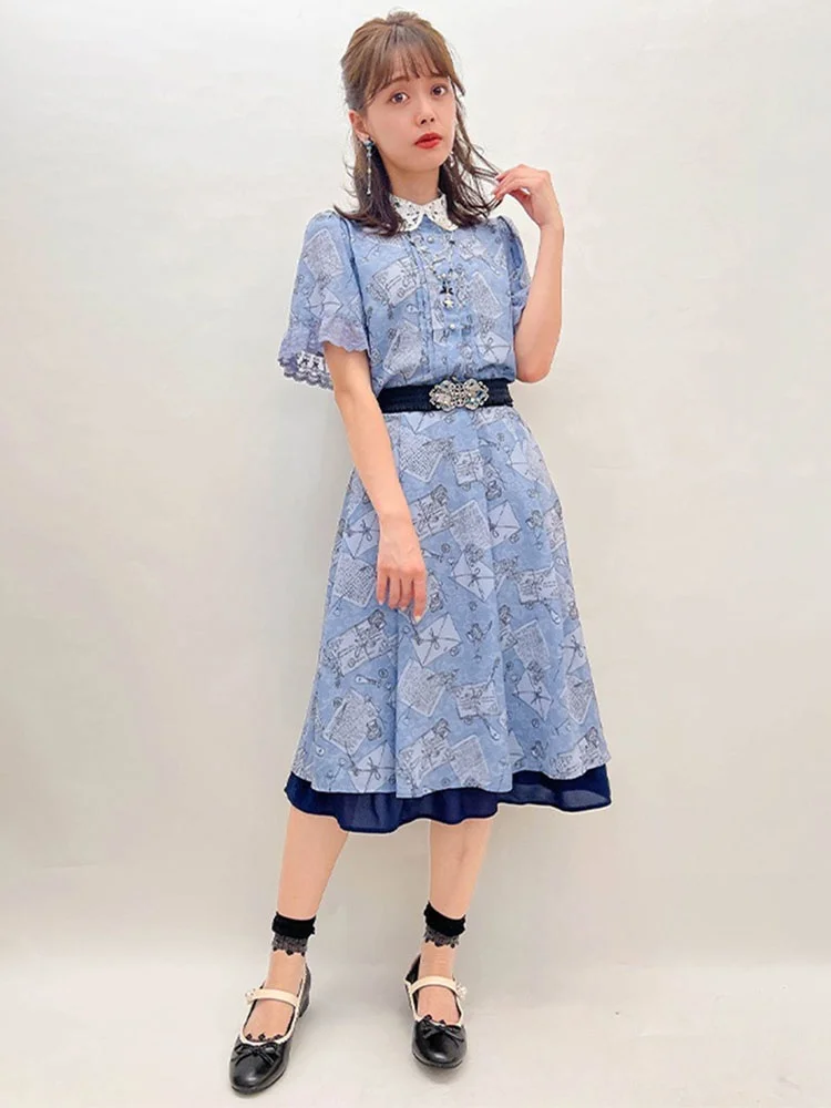 

Lightweight Vintage Printed Scattered Envelope Paper Half-length Skirt High Waist A-line Polyester Fiber Standard Fit Summer ...