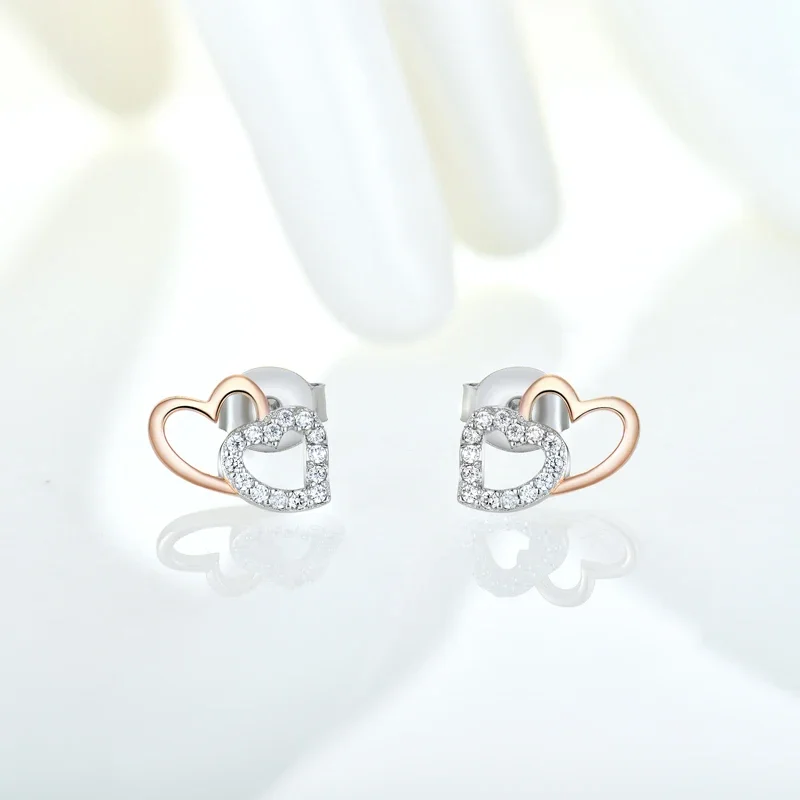 Valentine's Day Gift 925 Sterling Silver Stud Earrings Romantic Heart Rhodium Plated Rose Gold Statement Brand Earrings Women