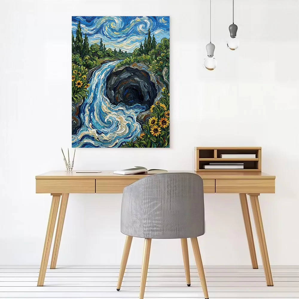 Waterfall and Cave in Van Gogh Style Canvas Poster Wall Art Customizable High Quality Printed Picture for Luxury Decoration Room