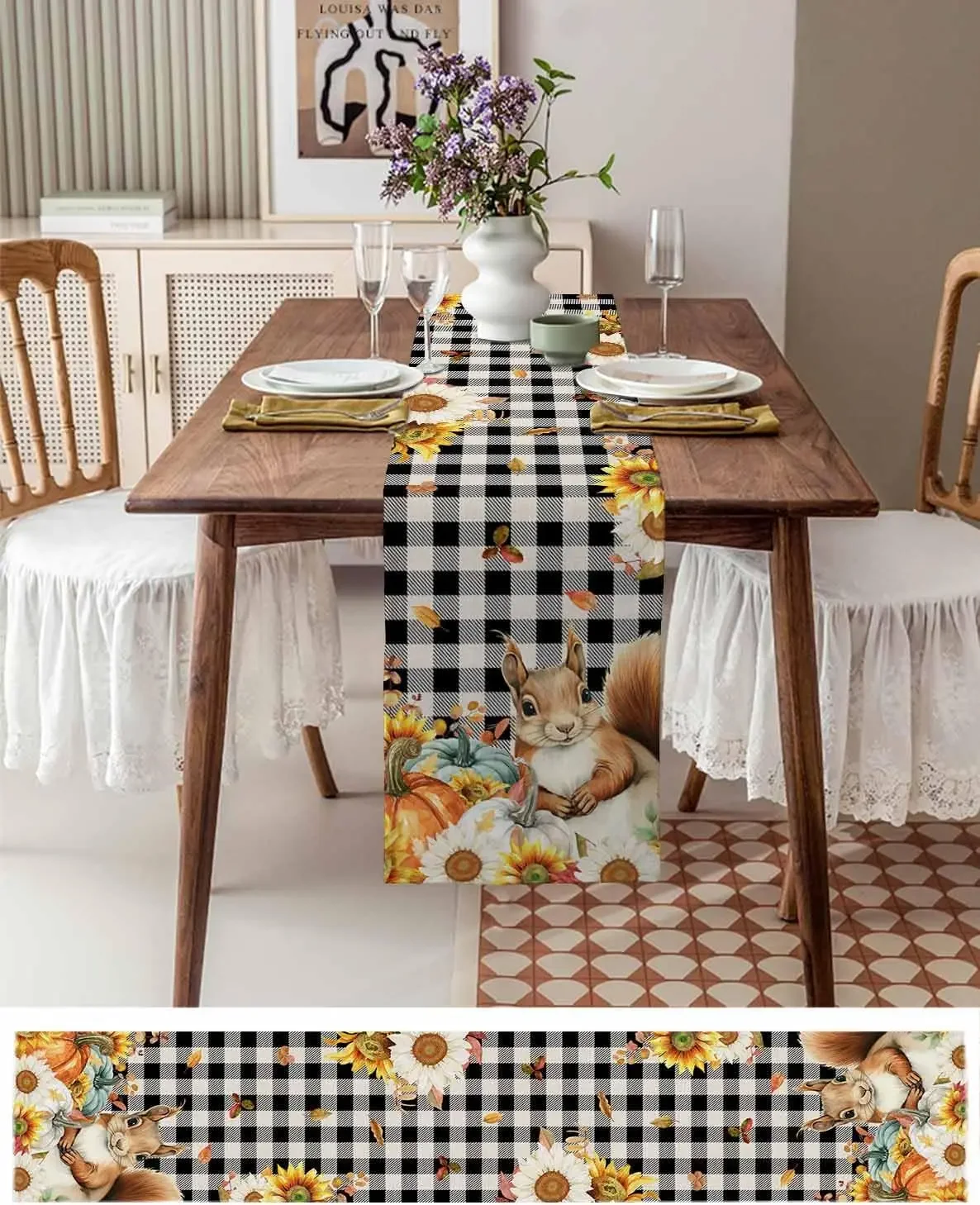 Fall Squirrel Pumpkin Sunflower Buffalo Plaid Linen Table Runner Autumn Dresser Scarf Dining Table Decor Thanksgiving Decoration