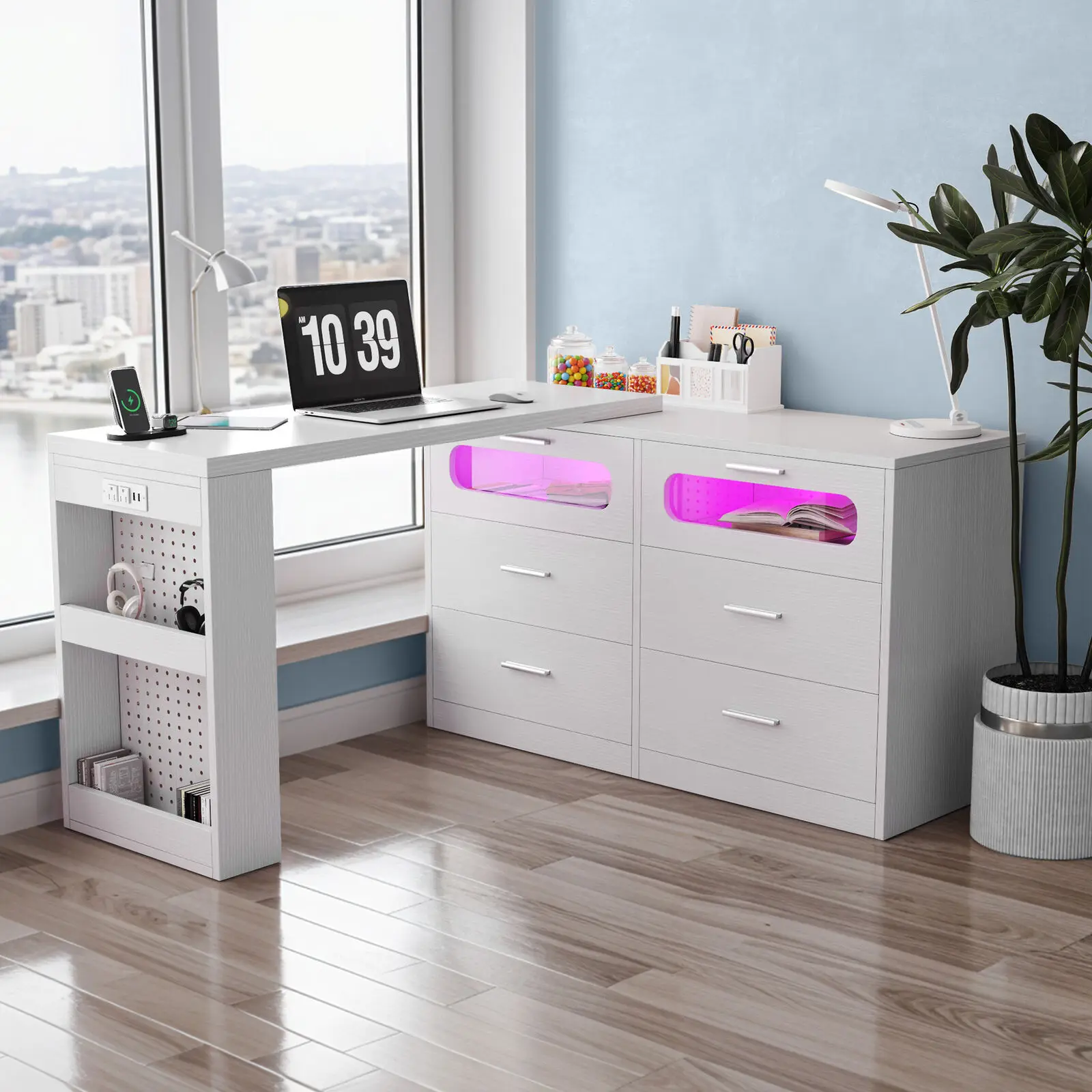 

79" Computer Desk Rotatable 6 Drawers LED Vanity Cabinet w/ USB Charging Station