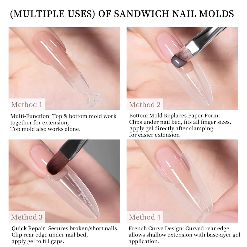 180 Uds sándwich doble forma de uña molde acrílico extensiones de uñas postizas moldes fácil desmoldar claro Natural uñas postizas puntas herramienta de salón
