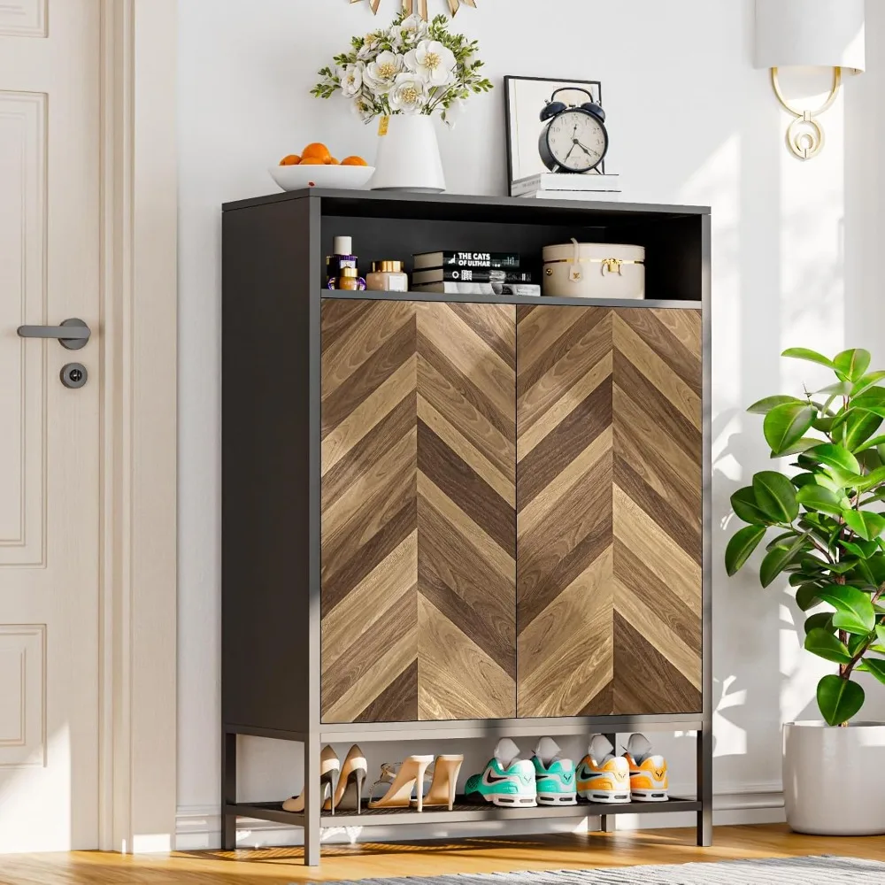 

Шкаф для обуви, 7-уровневый, 24 пары шкафов для хранения обуви с дверцами и 3 регулируемыми полками, деревянный шкаф-органайзер для обуви