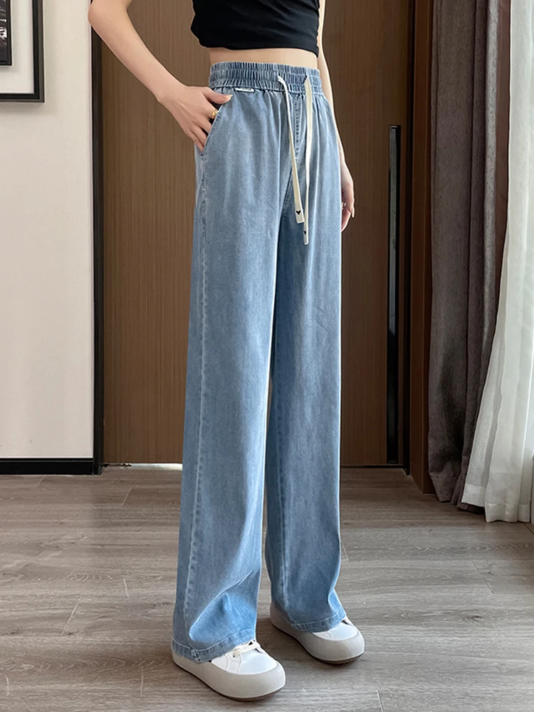 

Ice Silk High Waist Summer Thin Casual Loose Wide Leg Pants Women's Denim Jeans Drapey Comfortable Slim Fit Long Trousers