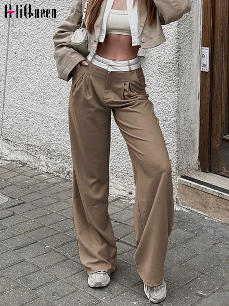 

Y2k Long Pants Women High Waisted Comfortable Contrast Color Patchwork Wide Leg Suit Pant Female Casual Black Trousers Korean