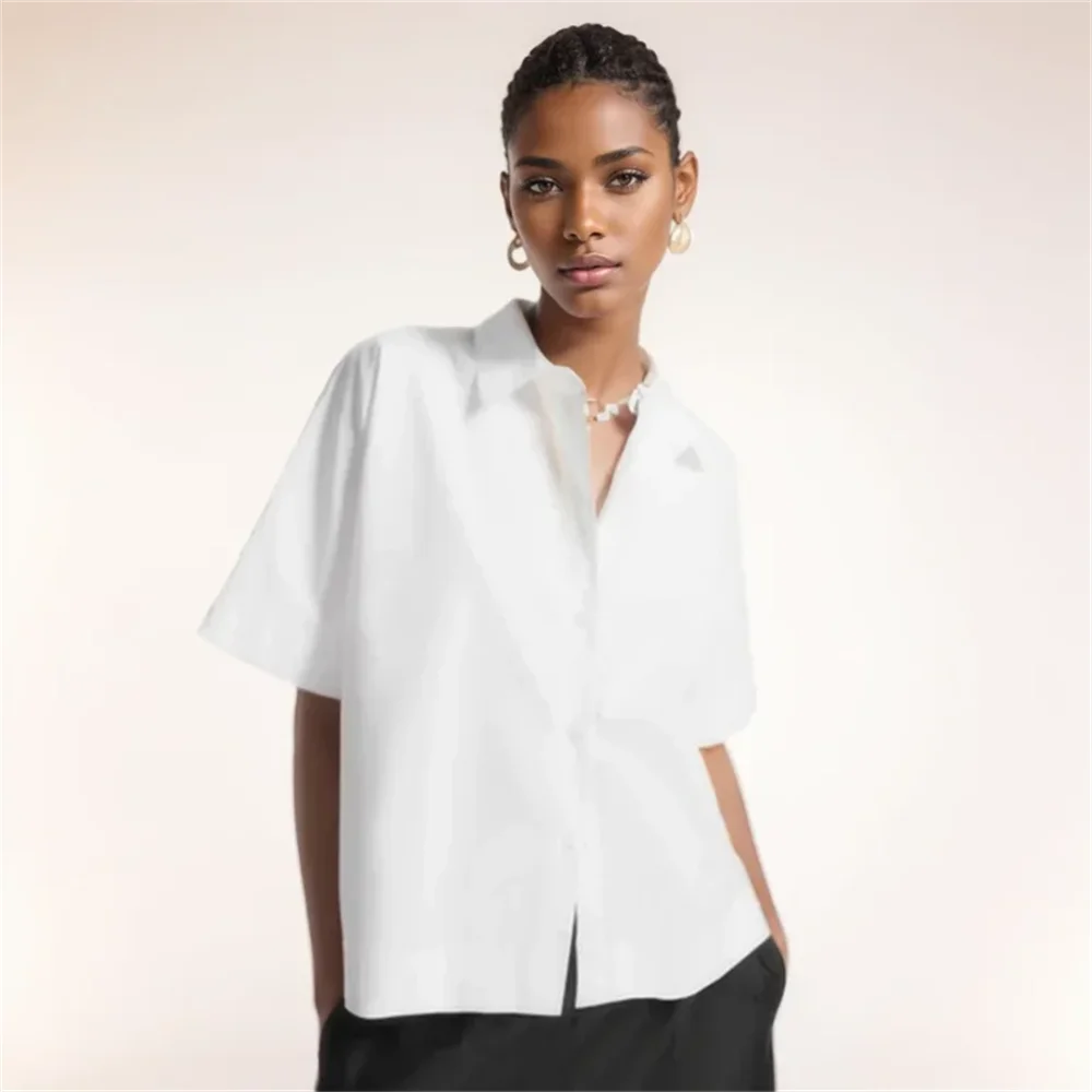 Cos Lris 2024 Summer New Product Women\'s Casual Versatile Lapel Single breasted Solid Color Short Sleeves