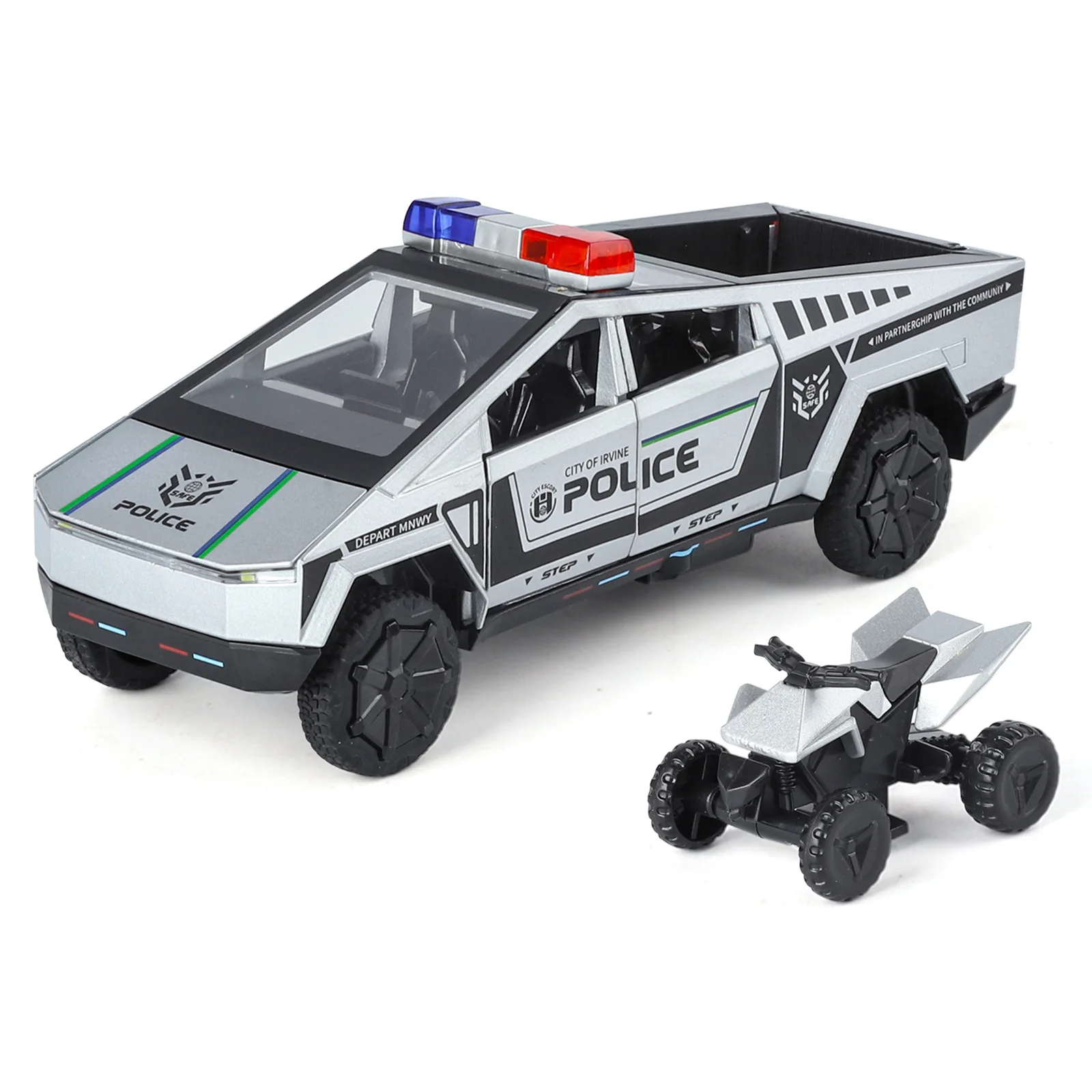 รถกระบะไฟฟ้าจำลองยุโรปอเมริกันขนาด 1:24 พร้อมเสียงและไฟ ของเล่นโลหะแบบดึงกลับได้ รุ่นรถตำรวจ ของตกแต่งโลหะ