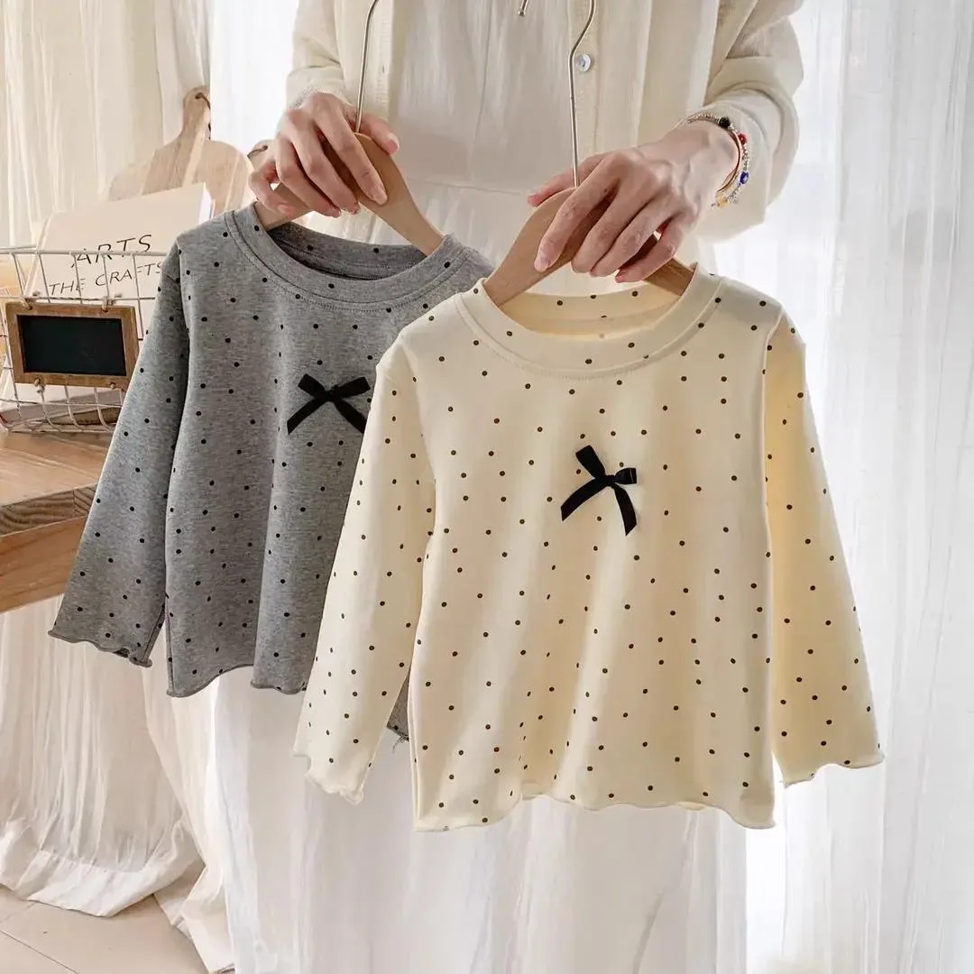 

Girls' Korean Long Sleeved T-shirt Comfortable Stretch Polka Dot Top Polka Dot Baby Casual Base Comfortable Shirt