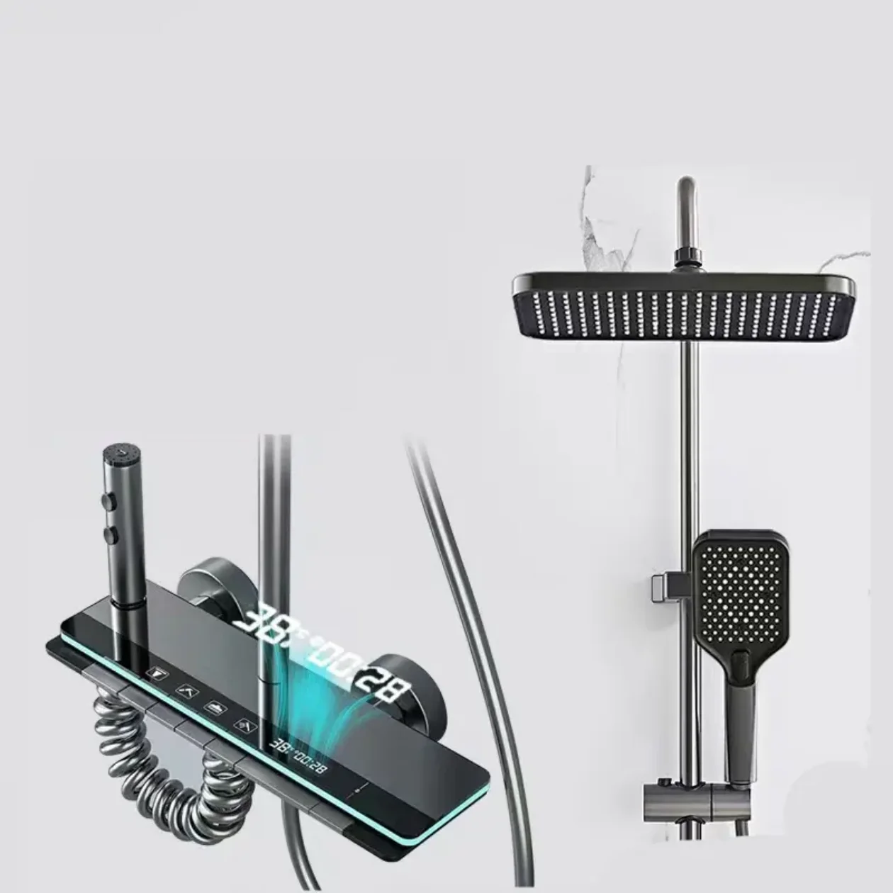 

Polished Aluminum Rectangular LED Display Shower Mixer Digital Piano Button Pause Feature Soft Spray Pattern Bathroom Apartment