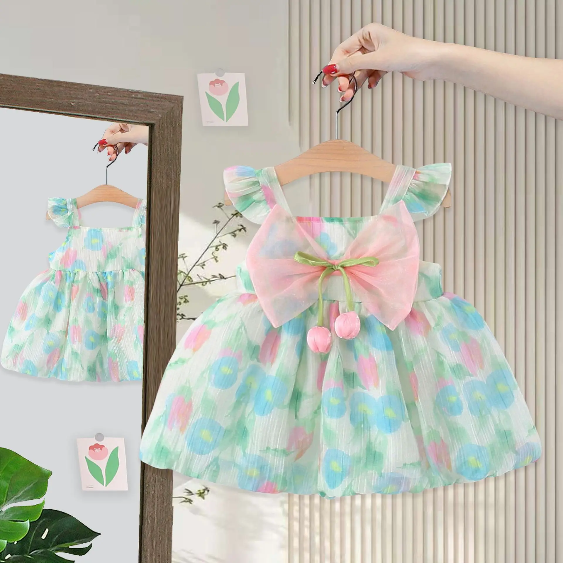 

Girls' Dress 2025 Summer New Bow Bow, Princess Dress, Children's Short Sleeved Dress
