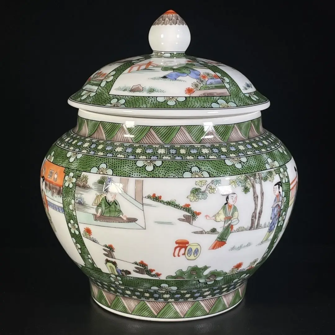 Wenwan Wucai Porcelain Covered Jar, 4-Side Open Window Figure Story Tea Storage Canister Antique Decor