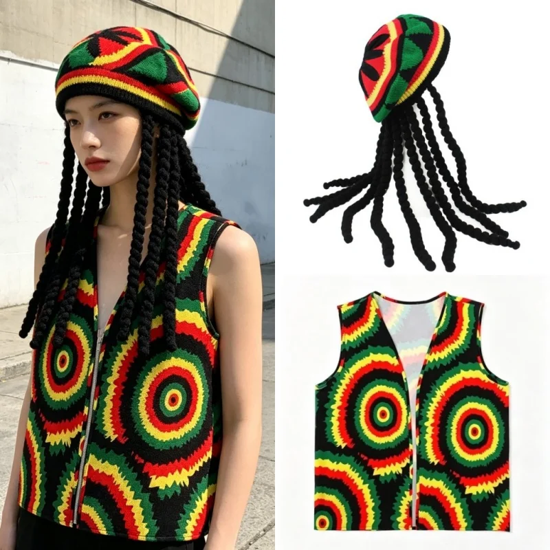 Unisex Halloween Cosplay Party Knit Braid Hat Dreadlocks Wig Jamaican  Hip Hop Beanie Cap Multi-colour Printed Tank Top Costume