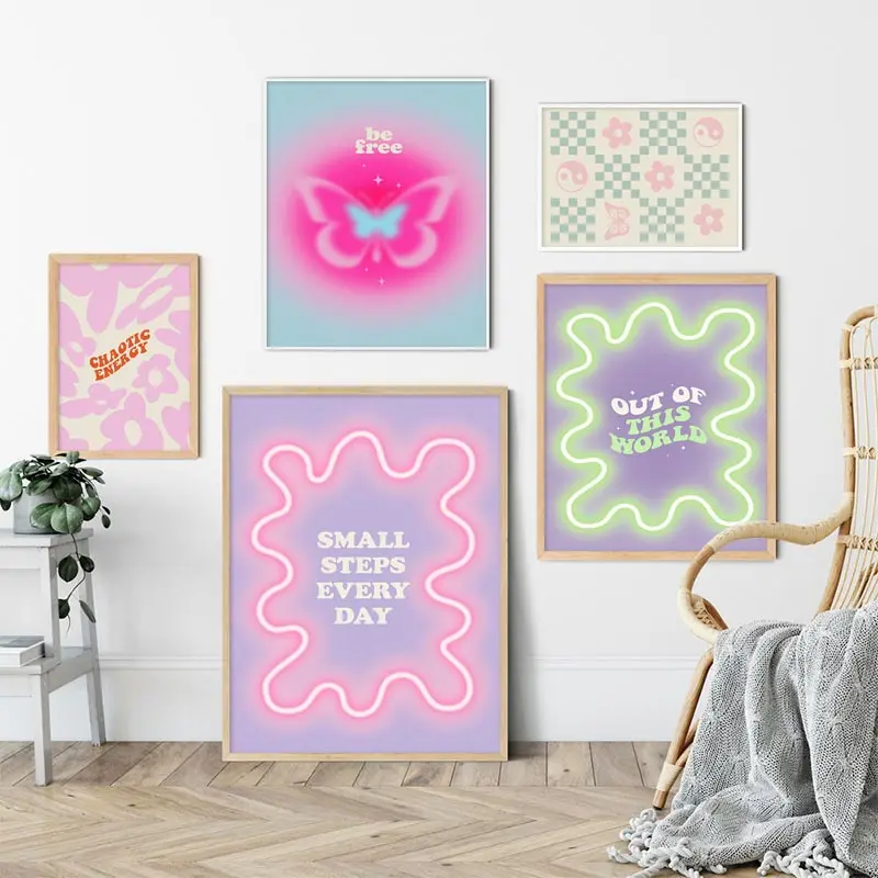 1PC frameless decorative art print,Colorful Danish Pastel Canvas Painting Aesthetic Poster Cherry Plaid Smiley Flower Butterfly - view 4