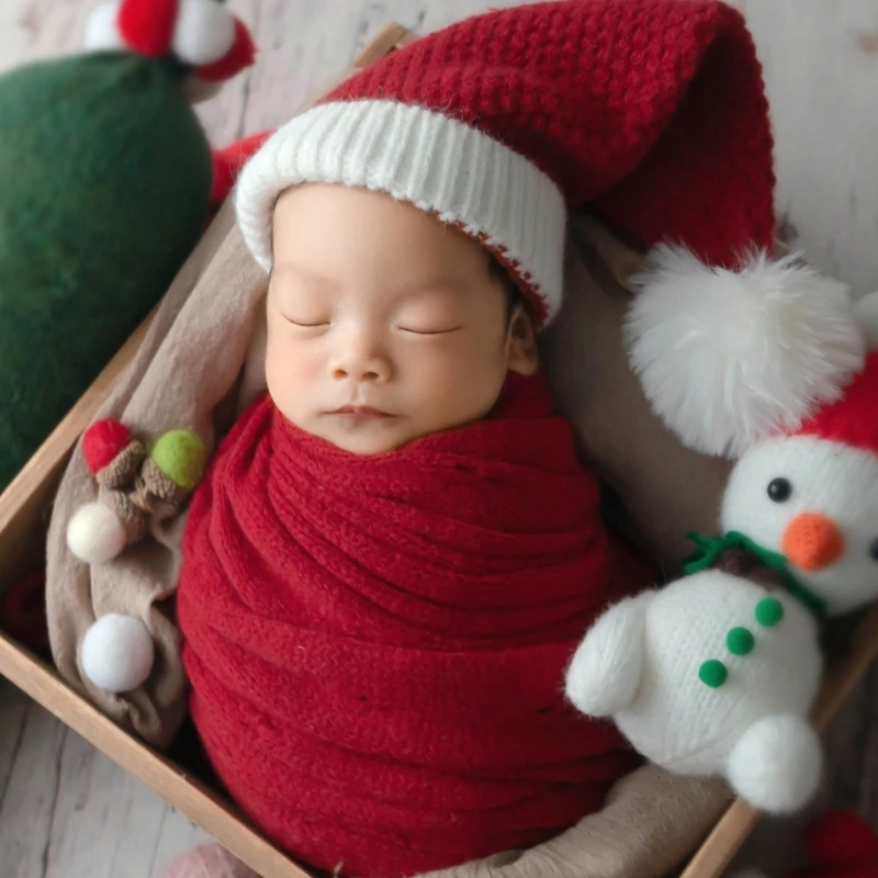 Christmas Newborn Photoshooting Set Santa Hat & Wrap Set Photo Props Girl Festival Costume Infant Photography Suit 2PCS