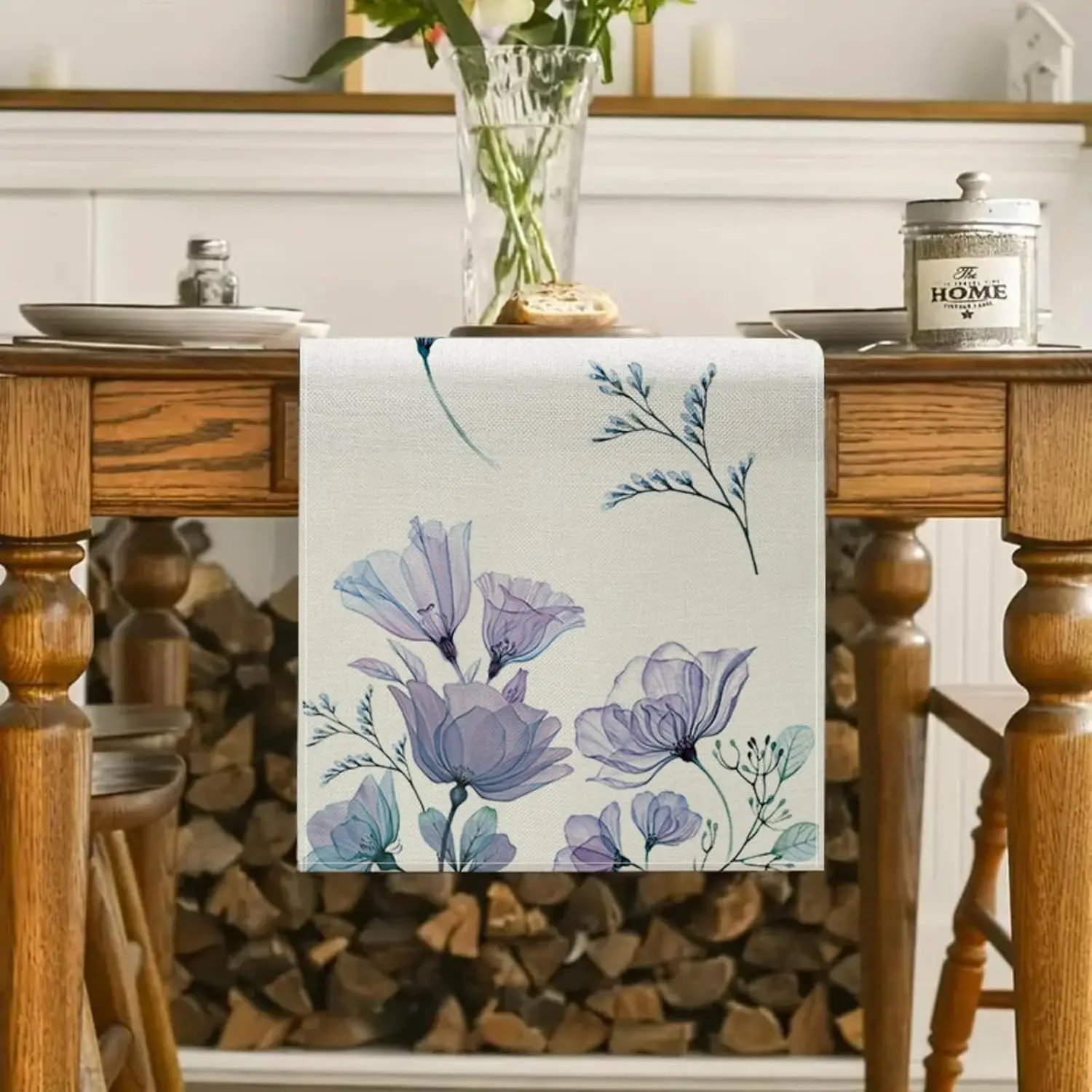 Poppy Floral Table Runner - 1PC Spring Summer Purple Flower Leaves Botanical Indoor Outdoor Kitchen Dining Cover