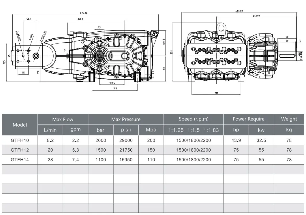 GTFH 1500Bar/21750PSI 20LPM  55KW Ultra High Pressure Water Pump Stainless Steel Plunger Pump