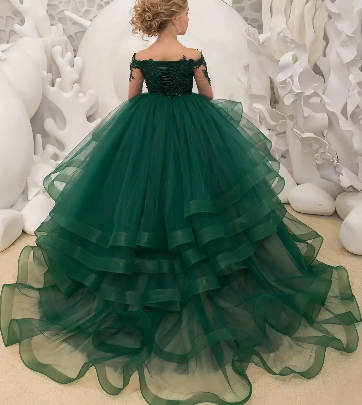 Appliques Ruffles Tulle Pageant Dresses for Girls Kids Party Ball Gowns Custom made Princess Long Sleeve Flower Girl Dresses