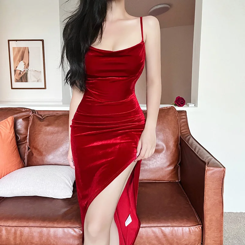 2024 Summer Retro Showcase White Red Split Strap Dress, Elegant Slim Fit Celebrity Style Mid length Dress  CF22107GN