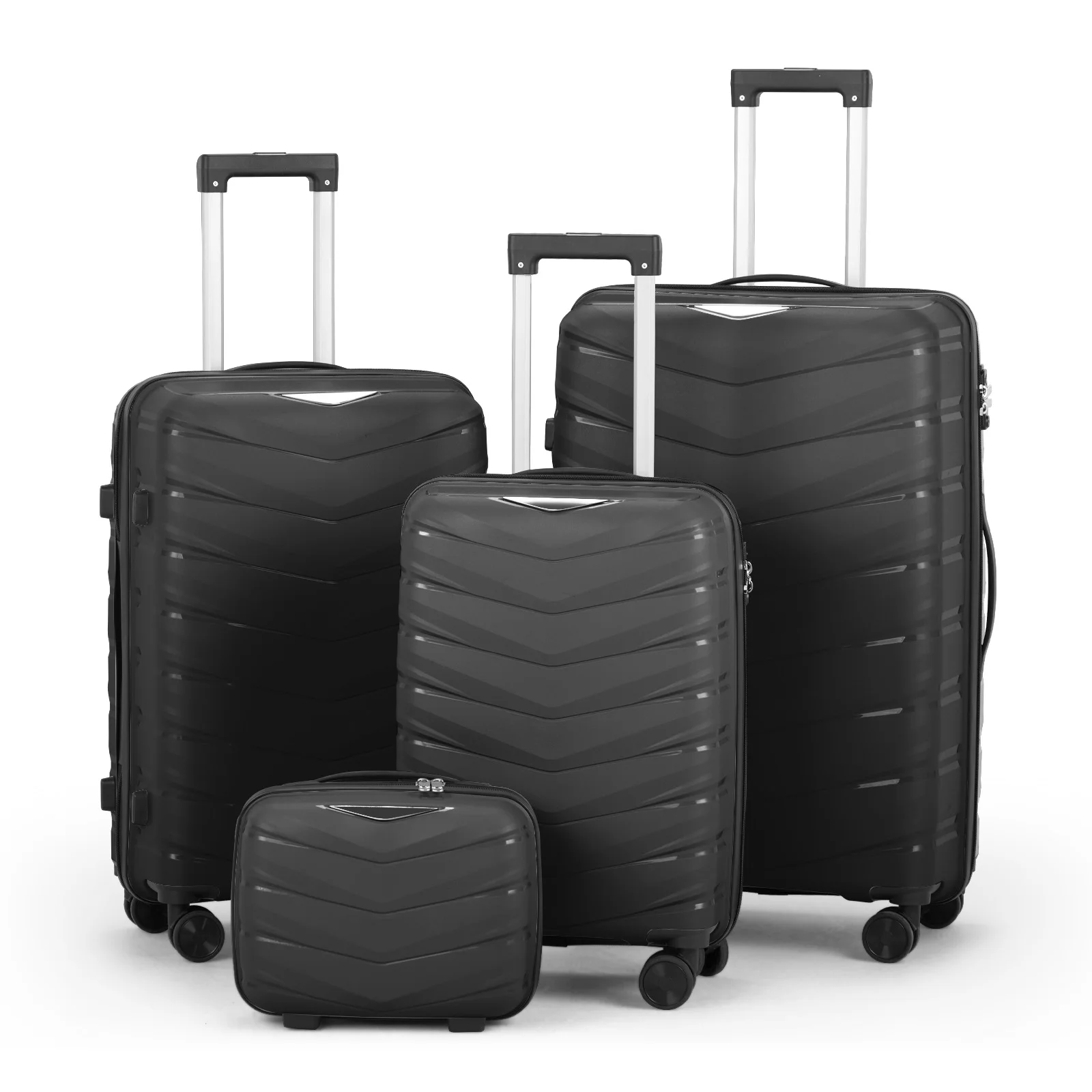 V-striped 4-piece suitcase with PP handbag PP trolley case 14in 20in 24in 28in PP iron trolley classic color - black