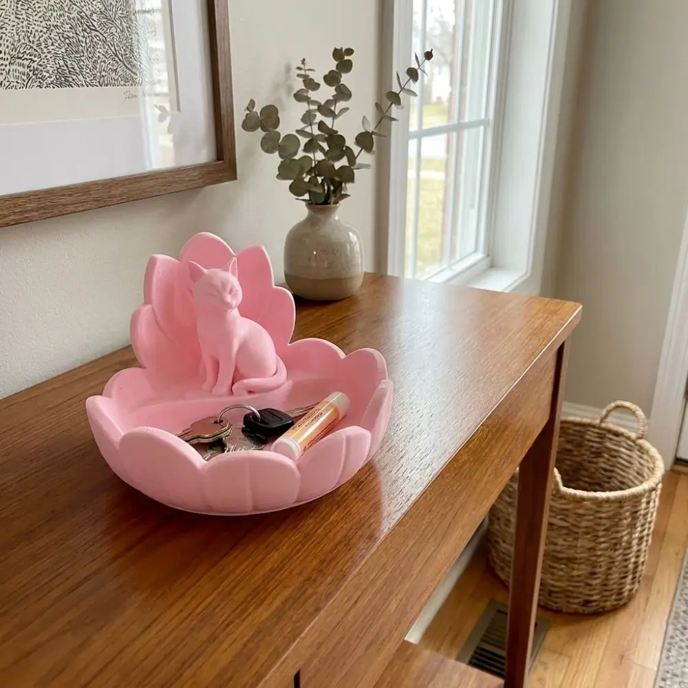 Cute Lotus Cat Jewelry Storage Tray 3D Printed Lotus-Shaped Key Storage Bowl Stable Base Plastic Desktop Organizer