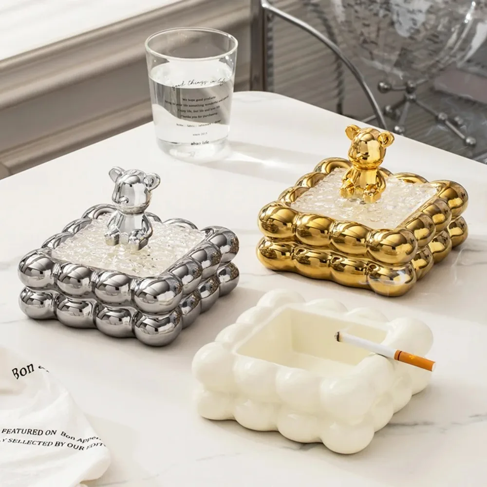 Creative Ball Plating Gold Silver Ceramic Ashtray Cartoon Desktop Storage Ornament Gold Bear Rabbit Ashtray Gift Home Decoration