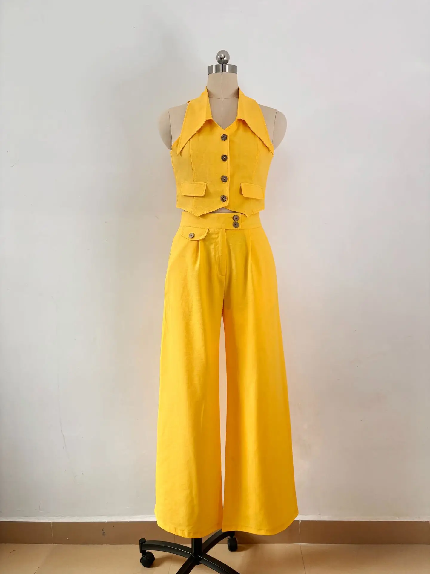 Two Piece Set Women Outfit 2024 Fashion Temperament Office Turn-down Collar Buttoned Vest Top & Casual Pocket Design Pants Set