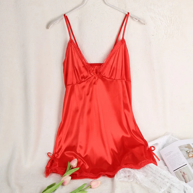 Sexy Suspenders V-neck Solid Color Nightdress Cool summer women's silk textured nightgowns