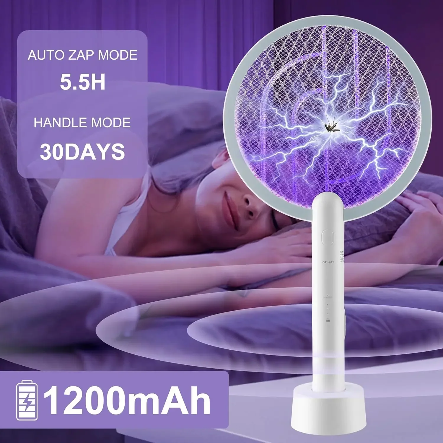 전기 플라이 찰싹 때림 3000V 버그 재퍼 라켓 플라이 찰싹 때림 배터리 충전식 모기 킬러 램프 3 레이어 안전 메쉬