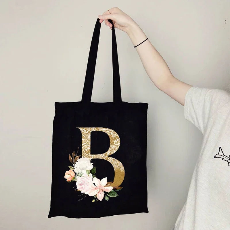 Gold Letter Flower Canvas Bag Women\'s Shopping Bag Reusable Large Capacity Portable Handbag Harajuku Style Student Shoulder Bag