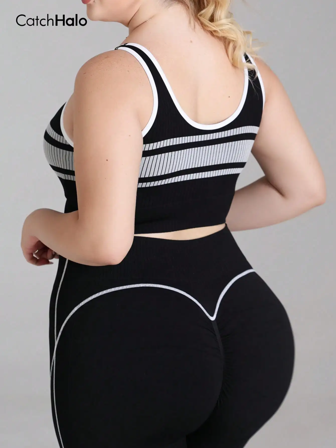 Plus Size Seamless Rib-Knit Crop Top Women Contrast Binding U-Back Soft No Padded Gym Yoga Top Workout Fitness Activewear