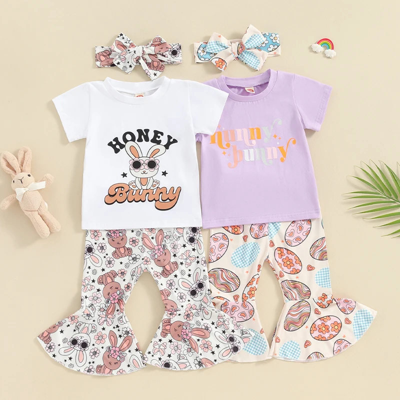 

2023-12-13 Lioraitiin Toddler Baby Girl Easter Outfits Short Sleeve Letter Print T-Shirt Bunny Bell-Bottom Pants Summer Clothes