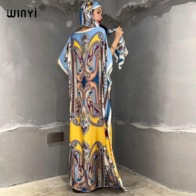 WINYI Africa boho print dress for women Dubai Muslim Dashiki abaya holiday Design With belt evening dress caftan party kaftan