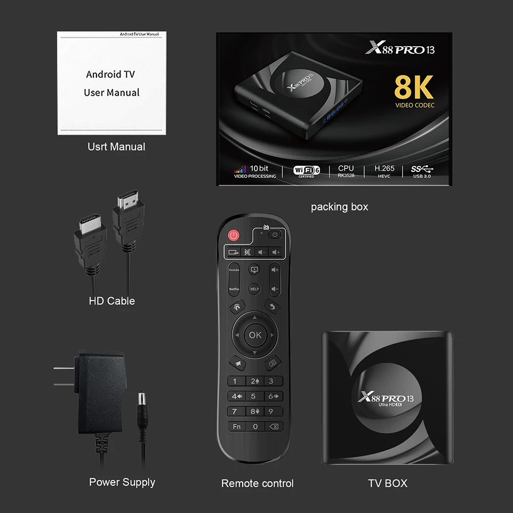 X88 Pro 13 4GB 64GB 32GB Smart Android TV CAIXA Rk3528 Quad Core TB CAIXA 4K 60tps 2.4G 5G WiFi 2G 16G Media Player TX2 Set Top Box