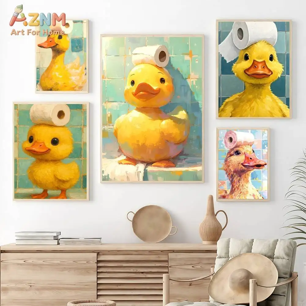 AZNM Cute Rubber Duck Toilet Paper Canvas Wall Art, Funny Bathroom Decor Duck Painting, Whimsical Animal Print Poster, Modern Fr