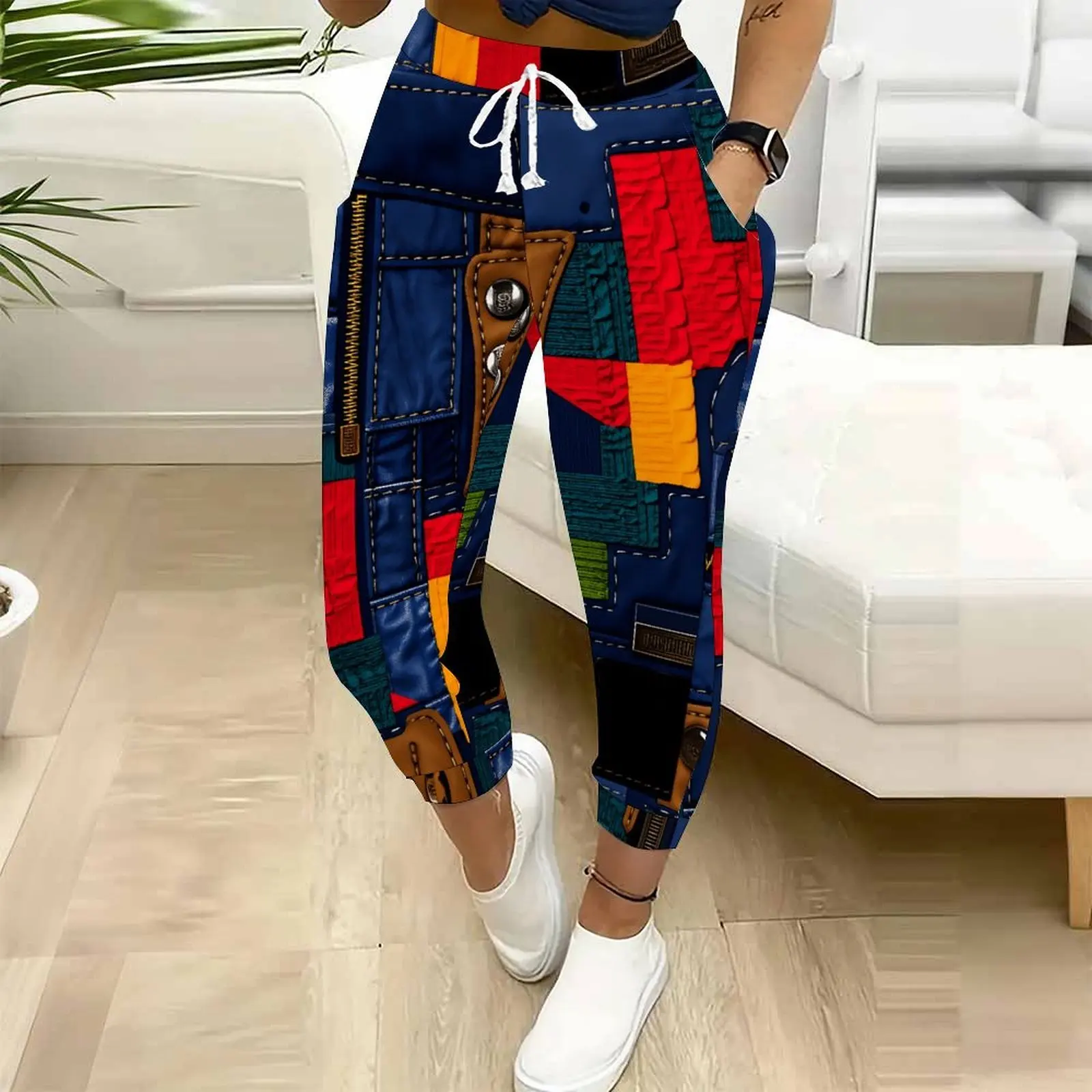 Women Casual Jogger Pants Colorful  Square Plaid Print Drawstring High Waist Sweatpants with Pockets Daily Loungewear Streetwear