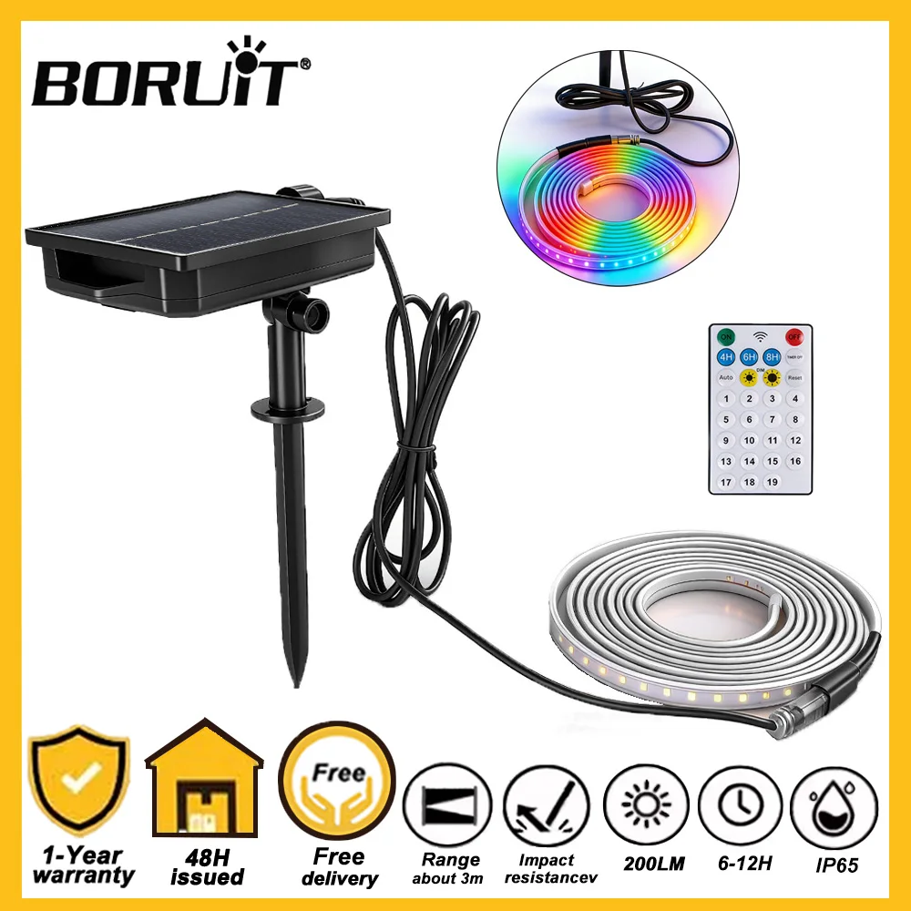 

Светодиодная неоновая лента BORUiT на солнечной энергии, 19 режимов, 5 м, IP65, водонепроницаемая, с диммером и пультом ДУ, для наружного декора сада