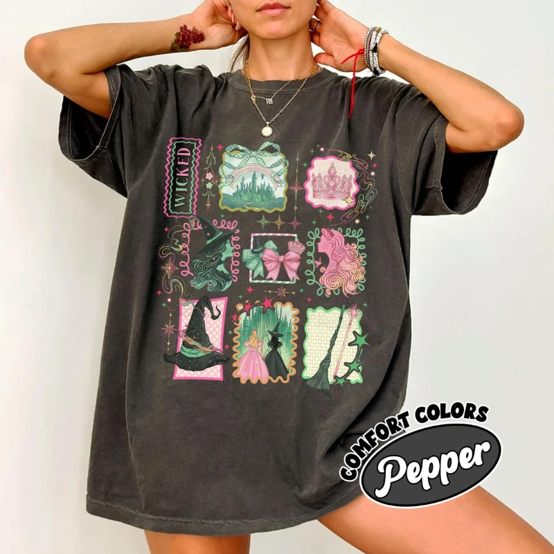 Retro Wicked Stamps Shirt, Defying Gravity Tee, Elphaba Glinda Wizard Musical Shirt, Pink Green Broadway TShirt