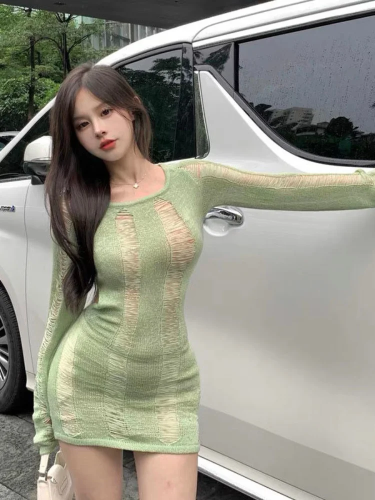 Women Thin Knitted Hollow Out Bodycon Dress  Sexy Green Robe Slim Backelss Ripped Vestido De Mujer Club Party Dresses Y2k