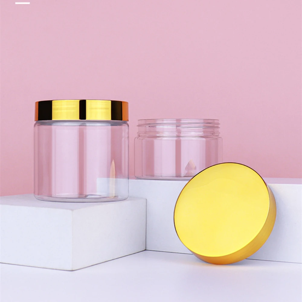 6pcs 50-250ml Empty Plastic Refillable Bottle Gold Lid Clear Mini Face Cream Pots Cosmetic Makeup Jar Transparent Sample Bottles