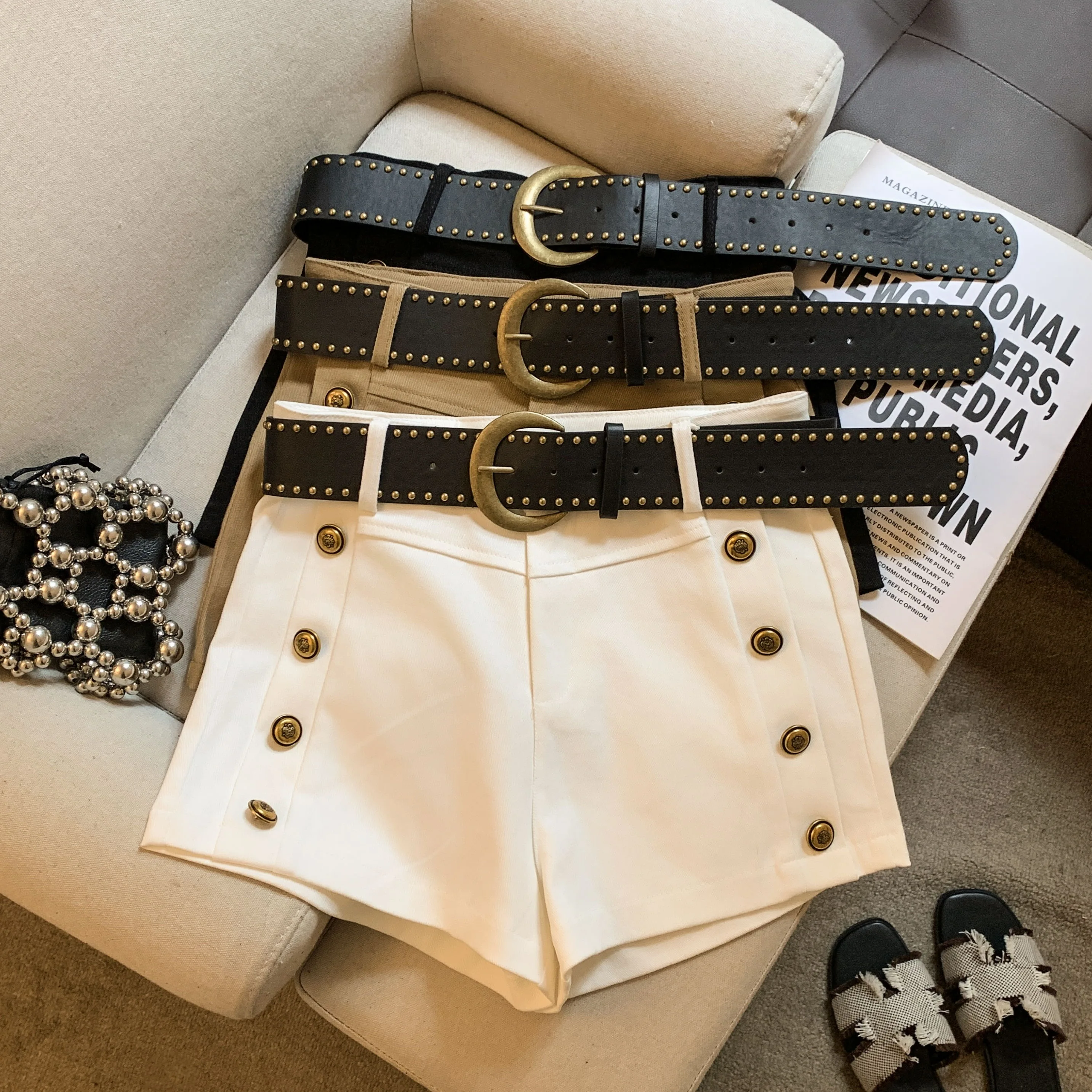 

Women's Spring Summer Rivets High Waist Shorts Lady Streetwear Solid Color Slim Short Pants