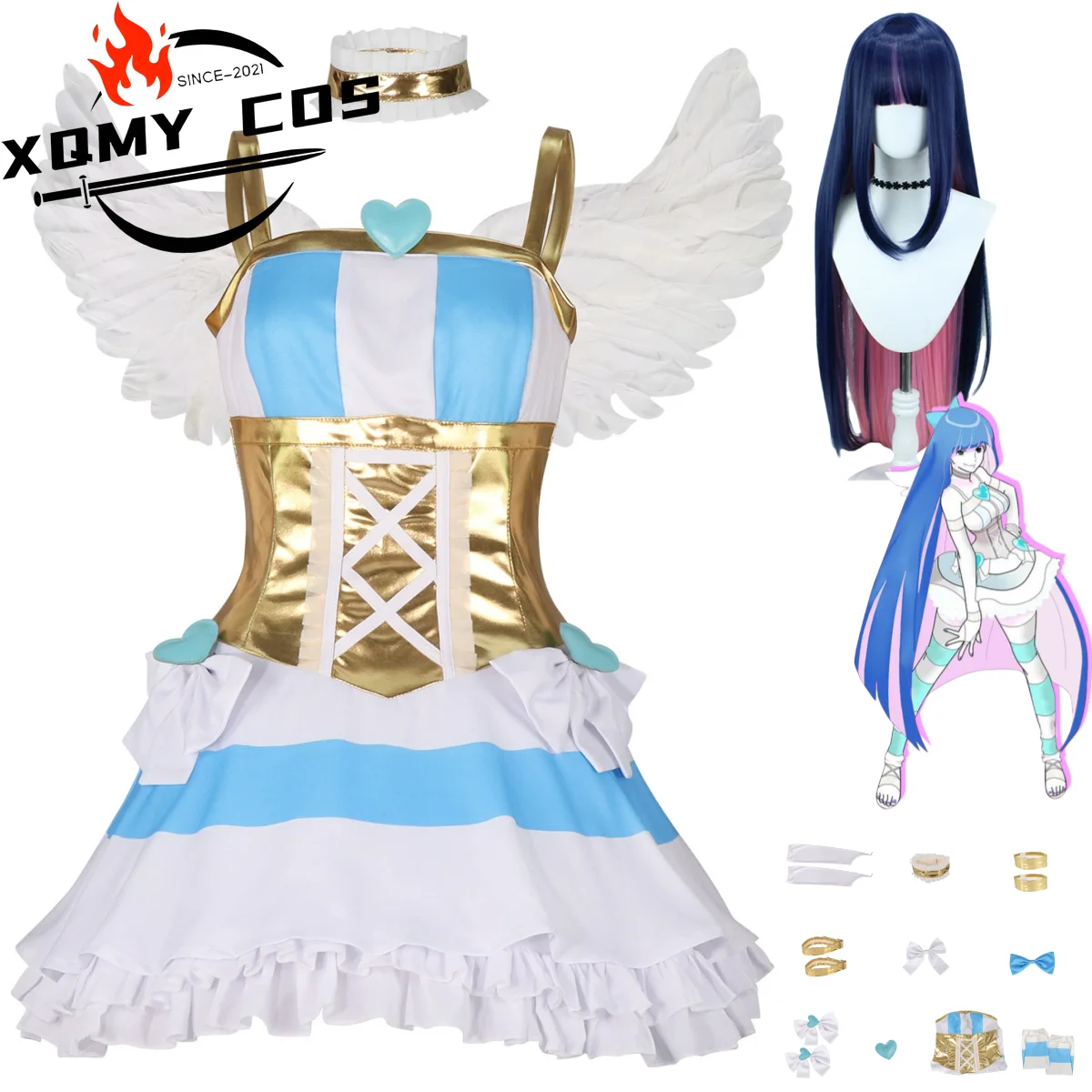 

XQAnime Panty Stocking with Garterbelt Stocking Anarchy Cosplay Costume Combat Uniform Dress Wing Wig Woman Sexy Carnival Suit