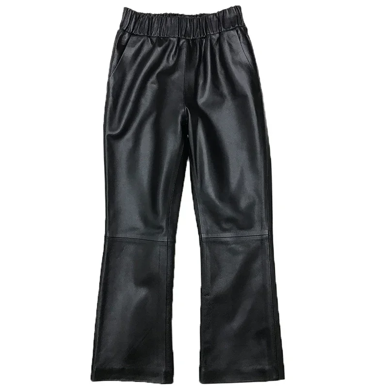 Genuine Leather Pants Korean Style Micro Flare Pants Sheepskin Elastic Waist Women Trousers Real Sheepskin Women Pants SGG