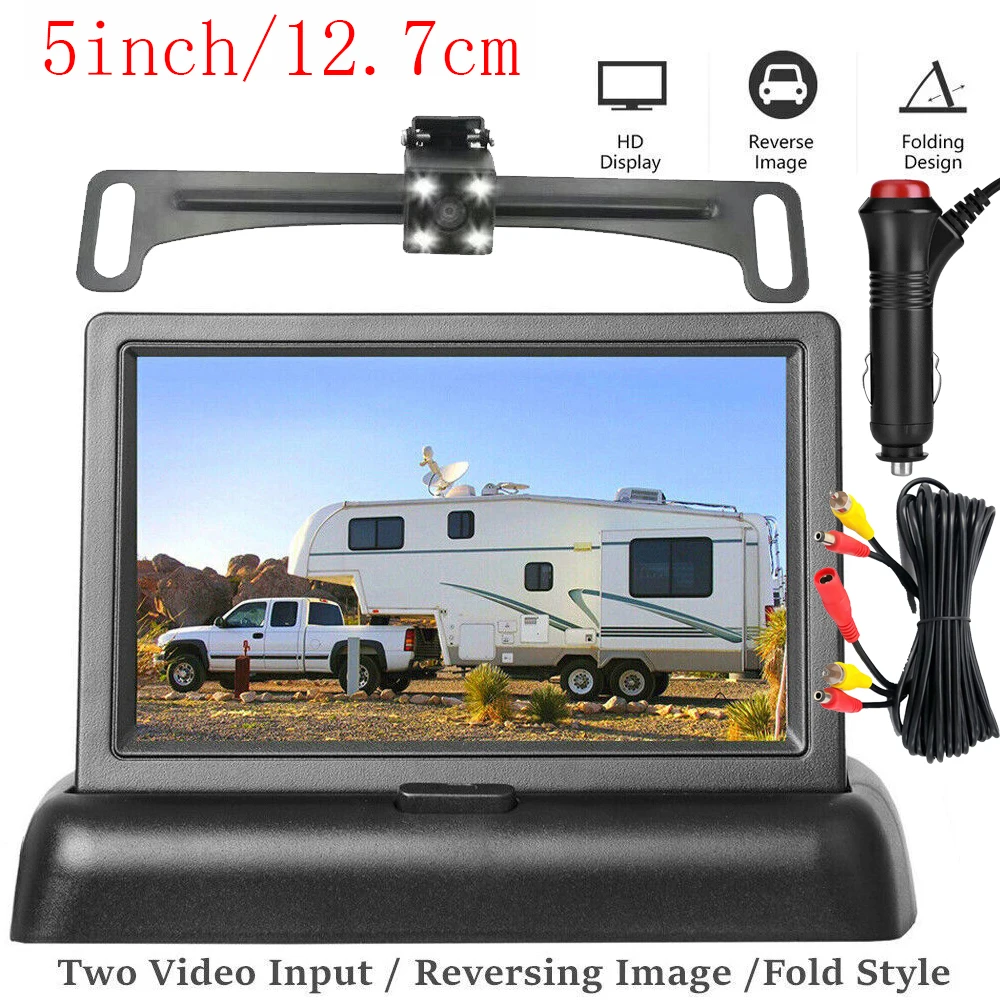 

Foldable Car Monitor 5 Inch TFT LCD Screen HD Parking Monitor 2-channel Video Input Night Vision with Backup Camera