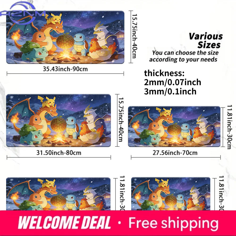 Pokemon Winter Campfire Pikachu Charizard Charmander Squirtle Bulbasaur Non-Slip Large Gaming Mouse Pad Multi-Size Optional