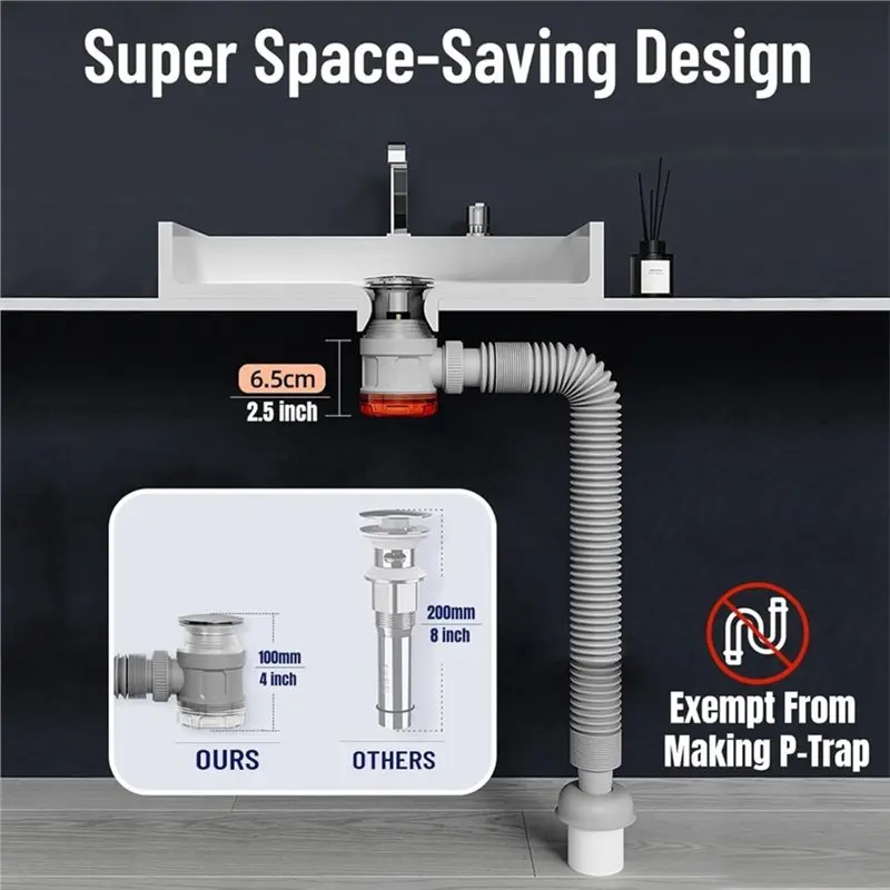 AB08-Bathroom Sink Drain Kit With Flexible Expandable Pipe: Odor-Free & Backflow-Preventing, Space-Saving Design