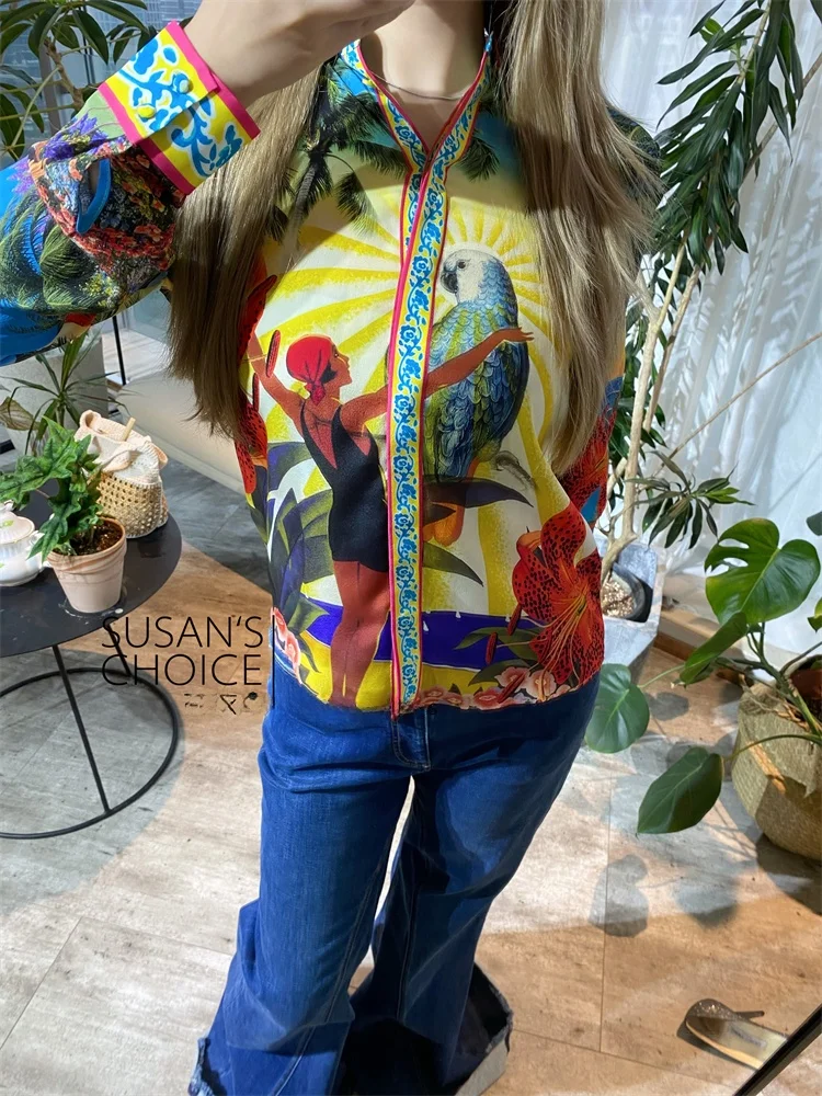 

Susan Ao Pure Original Fashionable Silk Shirt Long Sleeve Floral Print Beach Island Style Retro Women's Business Casual Shirt