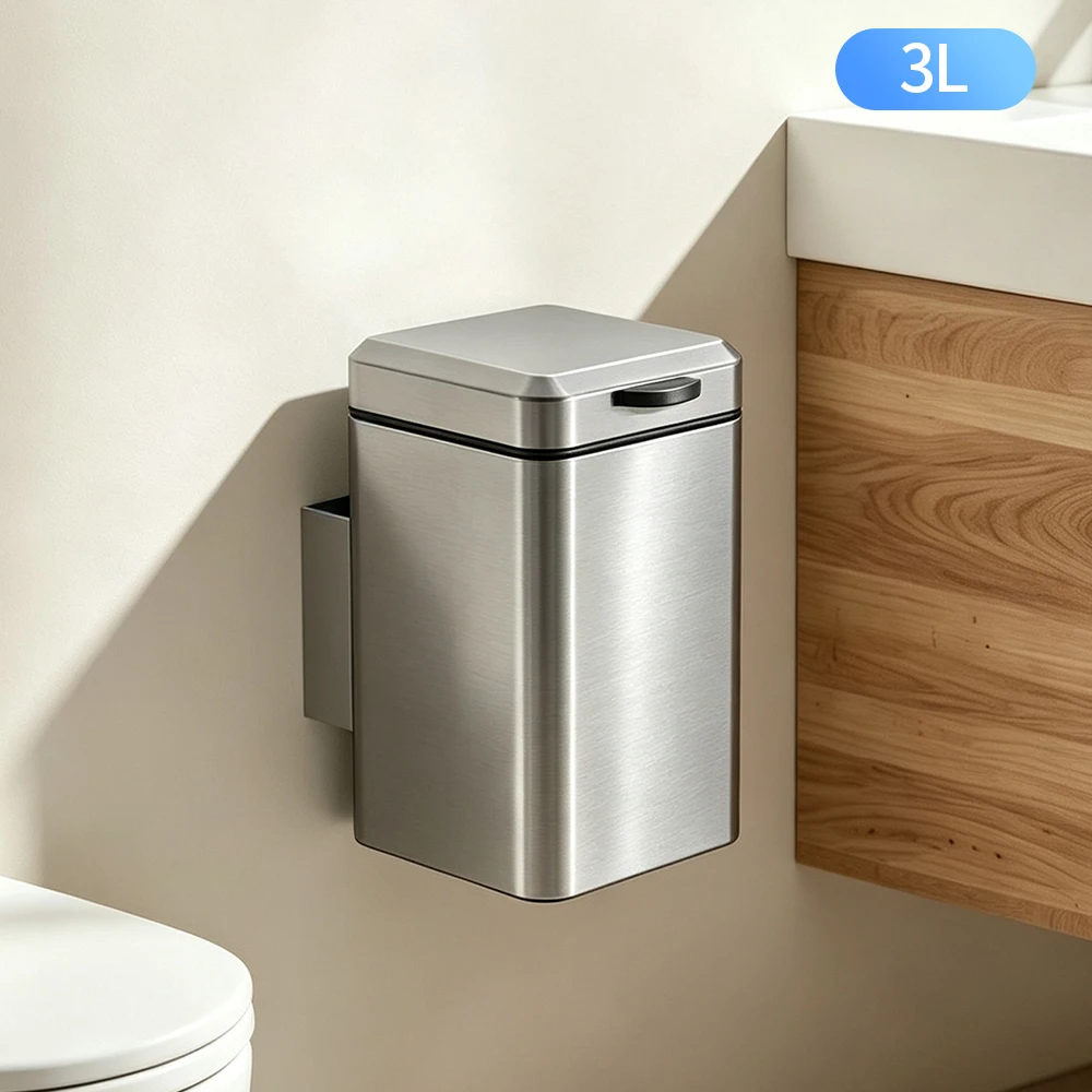 Stainless Steel Wall Mounted Trash Can with Lid Open Manual Opening Paper Basket for Kitchen Bathroom
