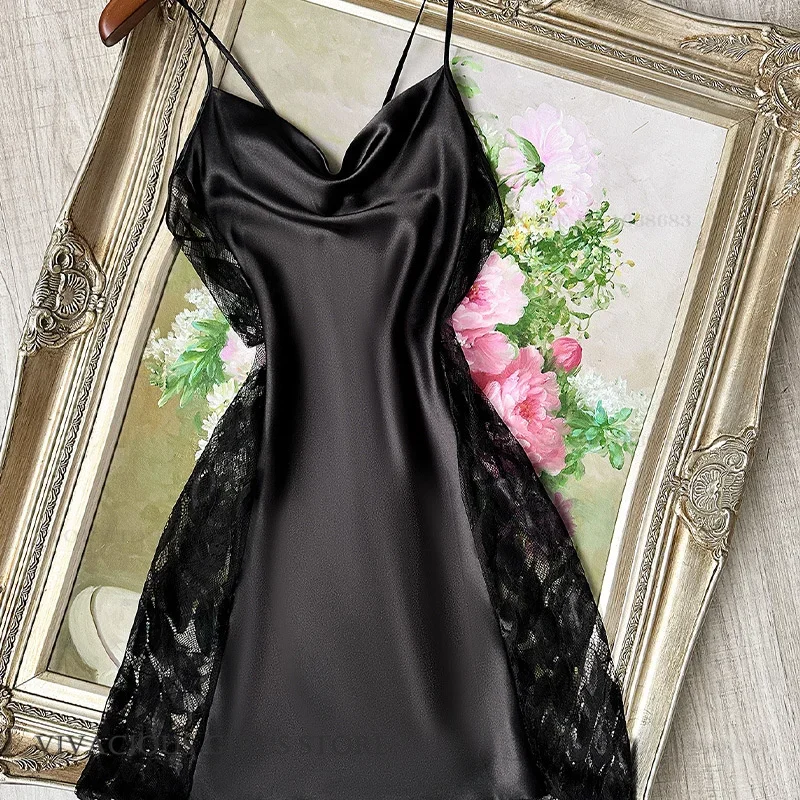 

Hollow Out Lace Nightgown Women's Lingerie Chemise Sleepwear Sexy Spaghetti Strap Nightdress Summer Silk Satin Homewear Nighty