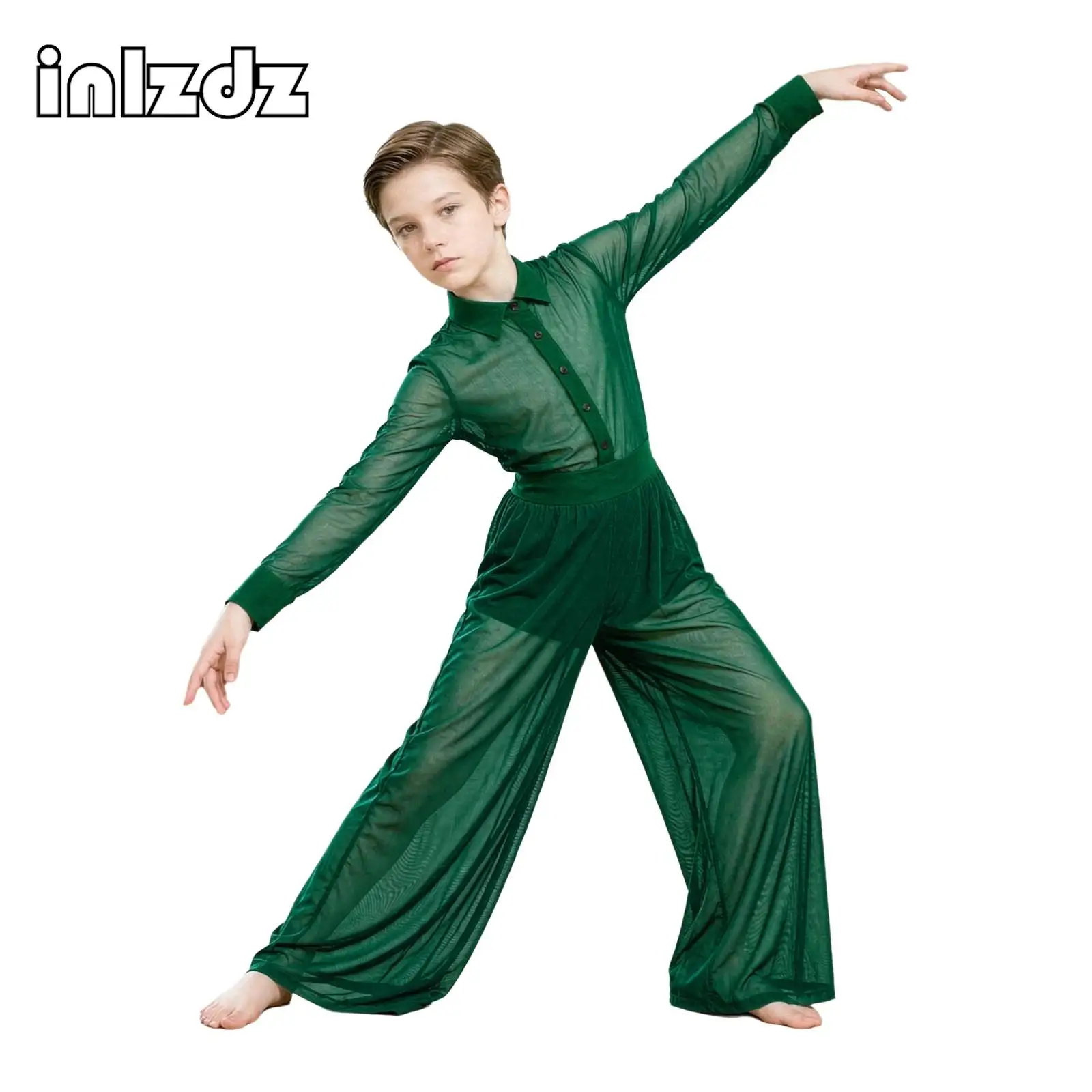 Kids Boys Modern Ballet Lyrical Contemporary Dance Performance Costume Mesh Jumpsuit Built-in Shorts Wide-leg Bodysuit Dancewear