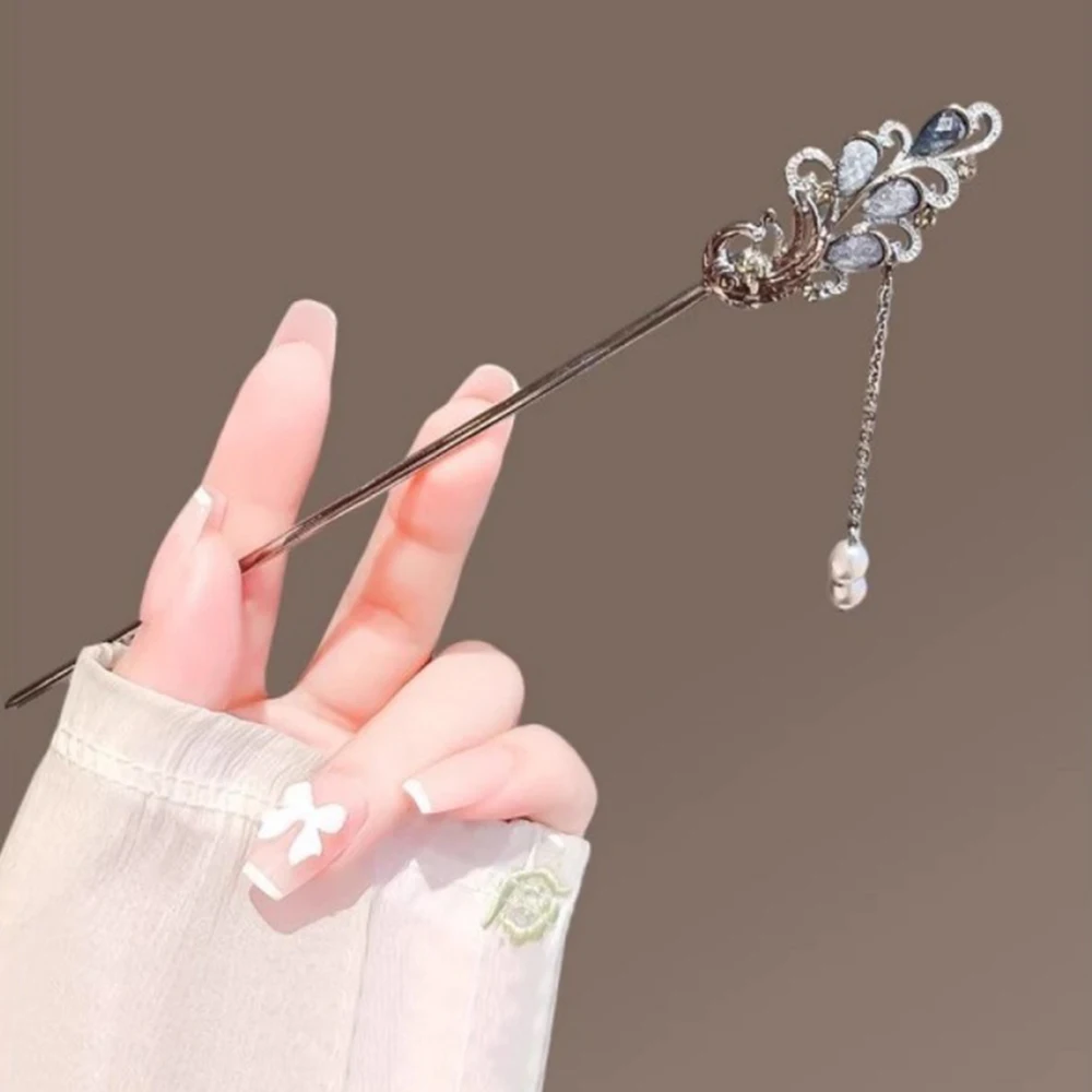 1pc requintado moda chinesa vara de cabelo intrincado pavão inspirado design com cintilante delicado pérola borla artesanato